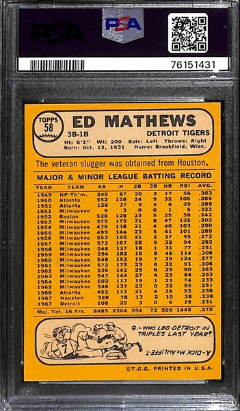 1968 Topps Eddie Mathews #58 Graded PSA 7 (Auto Grade 9)