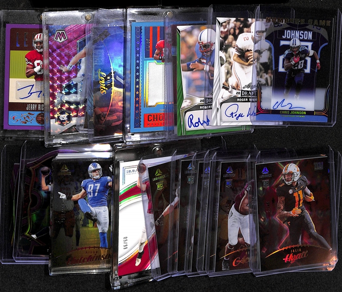 Lot of (24) Football Autograph, Numbered Cards, and Jersey Cards inc. 2023 Legacy Jerry Rice Autograph (#/3), 2022 Mosaic Draft Picks Sam Howell Rookie Pink (#/25), +