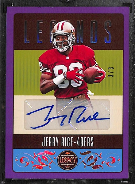 Lot of (24) Football Autograph, Numbered Cards, and Jersey Cards inc. 2023 Legacy Jerry Rice Autograph (#/3), 2022 Mosaic Draft Picks Sam Howell Rookie Pink (#/25), +