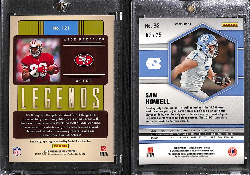 Lot of (24) Football Autograph, Numbered Cards, and Jersey Cards inc. 2023 Legacy Jerry Rice Autograph (#/3), 2022 Mosaic Draft Picks Sam Howell Rookie Pink (#/25), +