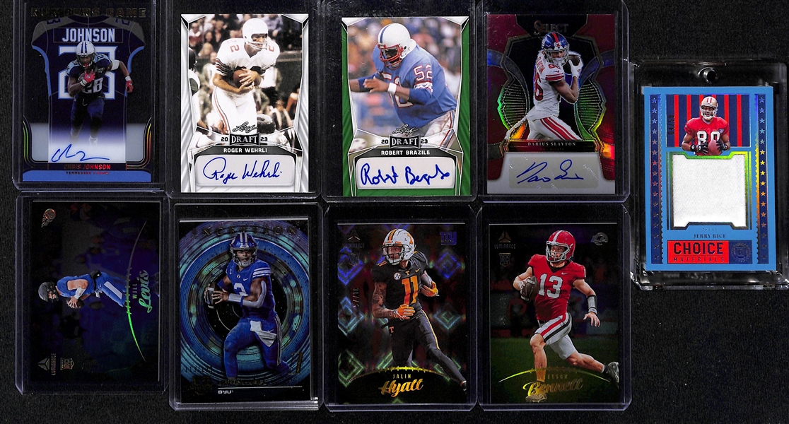 Lot of (24) Football Autograph, Numbered Cards, and Jersey Cards inc. 2023 Legacy Jerry Rice Autograph (#/3), 2022 Mosaic Draft Picks Sam Howell Rookie Pink (#/25), +