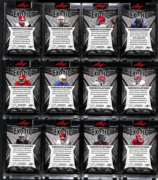 Lot of (12) 2022 Leaf Exotic Football Rookie Autographs inc. Stetson Bennett (#/5), Tyler Van Dyke (#/10), Dillon Gabriel (#/3),+