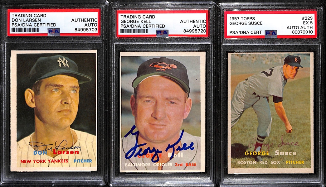 (3) 1957 Topps Signed Cards (Don Larsen, George Kell, George Susce) - PSA/DNA Slabbed