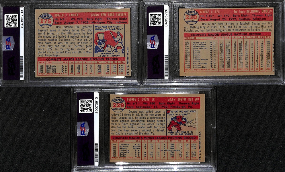 (3) 1957 Topps Signed Cards (Don Larsen, George Kell, George Susce) - PSA/DNA Slabbed