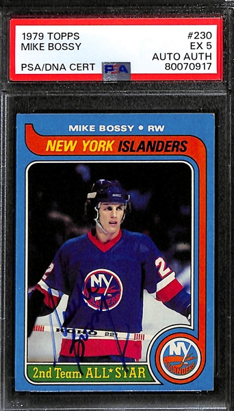 (2) Signed 1979 Topps Hockey Cards (PSA/DNA) - Mike Bossy (PSA 5) & Gordie Howe  (PSA 6)  - Autographs Graded Authentic