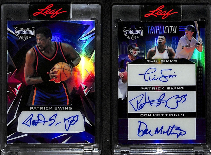 Lot of (2) Leaf Vibrance New York Sports Autographs inc. Phil Simms, Patrick Ewing, Don Mattingly Triple (#/10), Patrick Ewing (#/3)