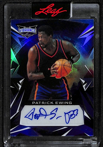 Lot of (2) Leaf Vibrance New York Sports Autographs inc. Phil Simms, Patrick Ewing, Don Mattingly Triple (#/10), Patrick Ewing (#/3)