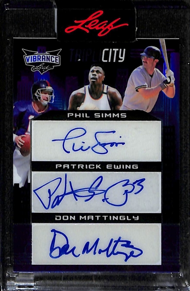 Lot of (2) Leaf Vibrance New York Sports Autographs inc. Phil Simms, Patrick Ewing, Don Mattingly Triple (#/10), Patrick Ewing (#/3)