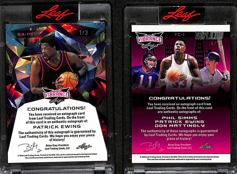 Lot of (2) Leaf Vibrance New York Sports Autographs inc. Phil Simms, Patrick Ewing, Don Mattingly Triple (#/10), Patrick Ewing (#/3)