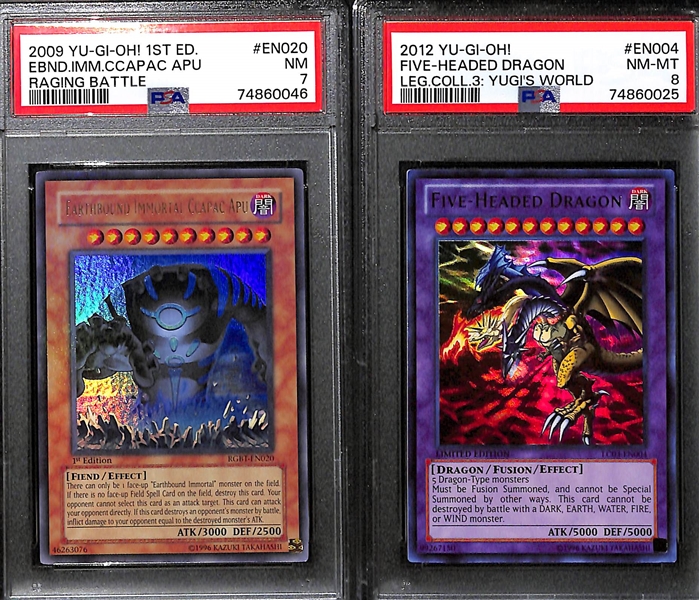 Lot of (7) PSA Graded YU-GI-OH! Cards inc. 2012 Legendary Collection Dark Magician of Choas (PSA 9), 2009 Raging Battle Earthbound Immortal Ccapac Apu (PSA 7), 2012 Legendary Collection Five-Headed...