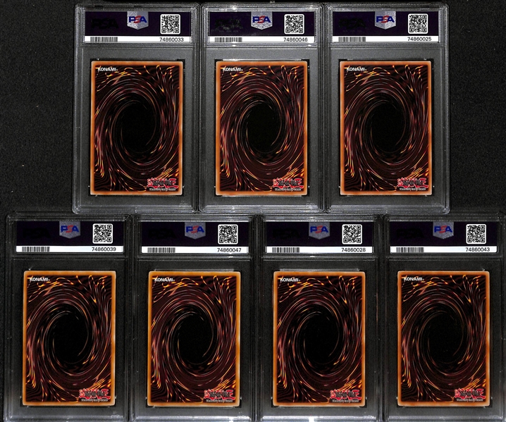 Lot of (7) PSA Graded YU-GI-OH! Cards inc. 2012 Legendary Collection Dark Magician of Choas (PSA 9), 2009 Raging Battle Earthbound Immortal Ccapac Apu (PSA 7), 2012 Legendary Collection Five-Headed...
