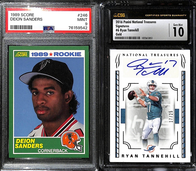 Lot of (15) Graded NFL Football Cards Inc. 1989 Score Barry Sander Rookie (PSA 7), 1989 Score Deion Sander Rookie (PSA 9), 2016 National Treasures Ryan Tannehill Autograph (CGC 10) (#/25), +