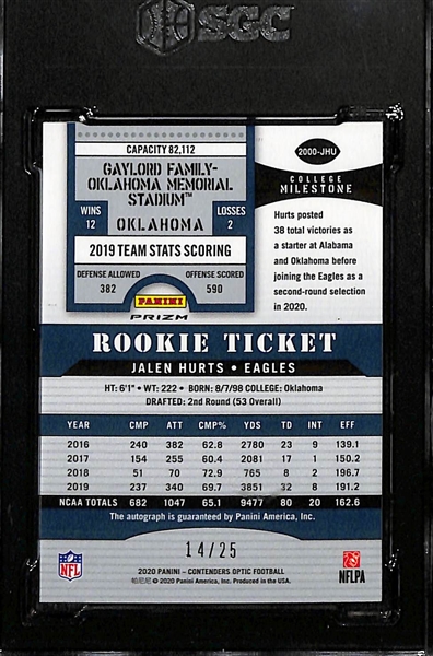 2020 Contenders Optic Jalen Hurts Silver Prizm Throwback Rookie Auto /25 Graded SGC 9.5