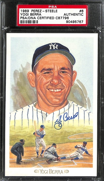 (7) Signed 1989 Perez-Steele Celebrations HOF Postcards w. Yogi Berra, Catfish Hunter, Kaline, Herman, Kell, Irvin, Lemon (PSA/DNA Slabbed)