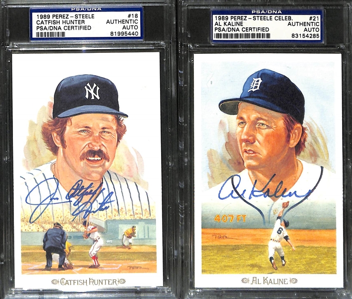 (7) Signed 1989 Perez-Steele Celebrations HOF Postcards w. Yogi Berra, Catfish Hunter, Kaline, Herman, Kell, Irvin, Lemon (PSA/DNA Slabbed)