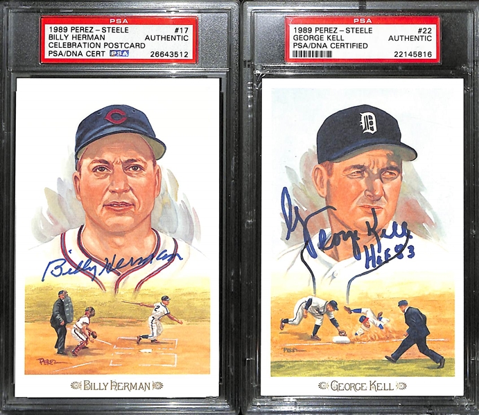 (7) Signed 1989 Perez-Steele Celebrations HOF Postcards w. Yogi Berra, Catfish Hunter, Kaline, Herman, Kell, Irvin, Lemon (PSA/DNA Slabbed)