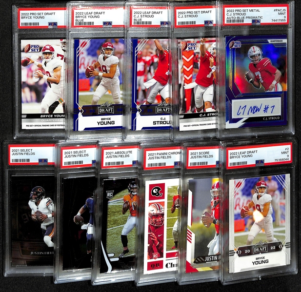 Lot of (11) PSA Graded Football Rookie Cards in. CJ Stroud Leaf Autograph (#/35), (3) Bryce Young, (5) Justin Fields, + - All PSA 9