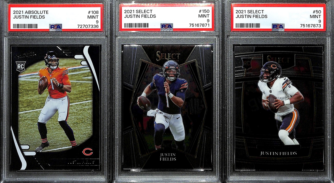 Lot of (11) PSA Graded Football Rookie Cards in. CJ Stroud Leaf Autograph (#/35), (3) Bryce Young, (5) Justin Fields, + - All PSA 9