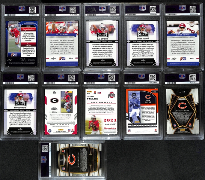 Lot of (11) PSA Graded Football Rookie Cards in. CJ Stroud Leaf Autograph (#/35), (3) Bryce Young, (5) Justin Fields, + - All PSA 9
