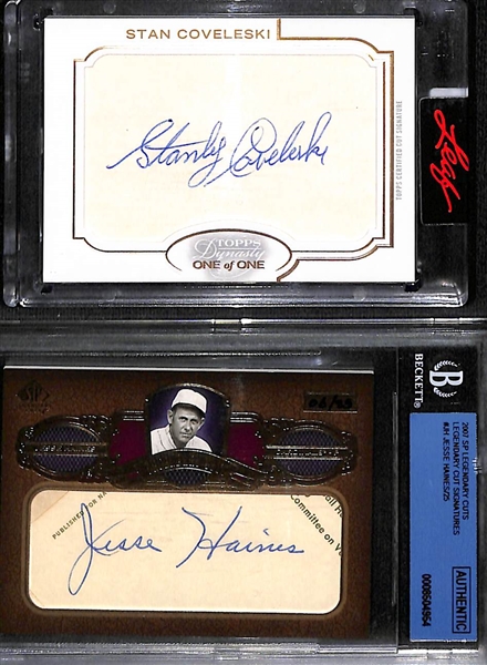 Lot of (2) Hall of Fame Baseball Autographs- 2020 Topps Dynasty Stan Coveleski Cut Signature (#/1), 2007 SP Legendary Cuts Jesse Haines Cut Signature (#/25)