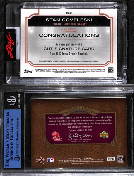 Lot of (2) Hall of Fame Baseball Autographs- 2020 Topps Dynasty Stan Coveleski Cut Signature (#/1), 2007 SP Legendary Cuts Jesse Haines Cut Signature (#/25)