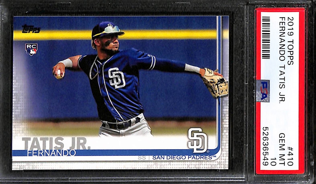Lot of (2) Fernando Tatis Jr Cards- 2019 Topps Rookie (PSA 10), 2023 Leaf Signature Series Autograph (#/1)