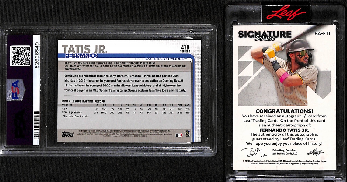 Lot of (2) Fernando Tatis Jr Cards- 2019 Topps Rookie (PSA 10), 2023 Leaf Signature Series Autograph (#/1)