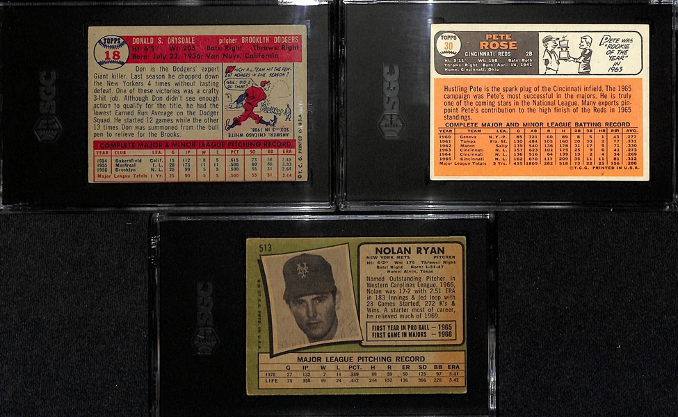 (3) Graded Topps Baseball Cards - 1957 Don Drysdale Rookie (SGC 5), 1966 Pete Rose (SGC 5), & 1971 Nolan Ryan (SGC 3)