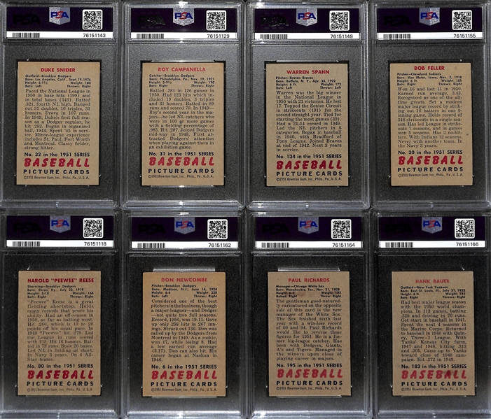 (8) Graded 1951 Bowman Cards (All Graded PSA 4) - Duke Snider, Roy Campanella, Warren Spahn, Bob Feller, Pee Wee Reese, Don Newcombe, Paul Richards, Hank Bauer