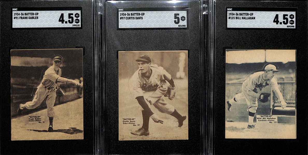 1934-36 Batter-Up Lot w. #91 Frank Gabler (SGC 4.5), #97 Curtis Davis (SGC 5), & #121 Bill Hallahan (SGC 4.5)