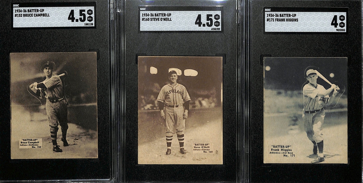 1934-36 Batter-Up Lot w. #152 Bruce Campbell (SGC 4.5), #160 Steve O'Neill (SGC 4.5), & #171 Frank Higgins (SGC 4)