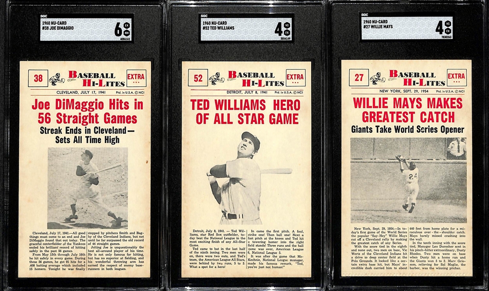 (3) Graded 1960 Nu-Star Cards - Joe DiMaggio #38 SGC 6, Ted Williams #52 SGC 4, Willie Mays #27 SGC 4