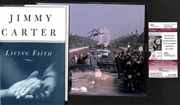 (2) Jimmy Carter Signed Presidential Items - Parade Photo and "Living Faith" Book (JSA)