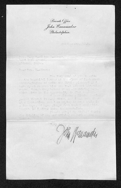 Rare John Wanamaker Signed Letter from 1921 (He Passed Away in 1922) - JSA Auction Letter