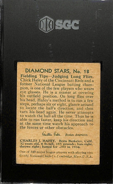 1934-36 Diamond Stars #18 Chick Hafey (HOF) Graded SGC 4.5