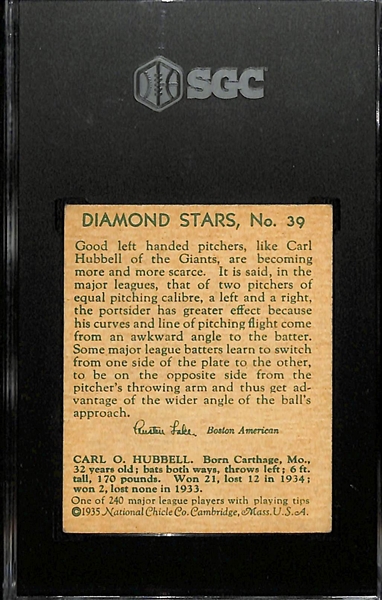 1934-36 Diamond Stars #39 Carl Hubbell (HOF) Graded SGC 4.5