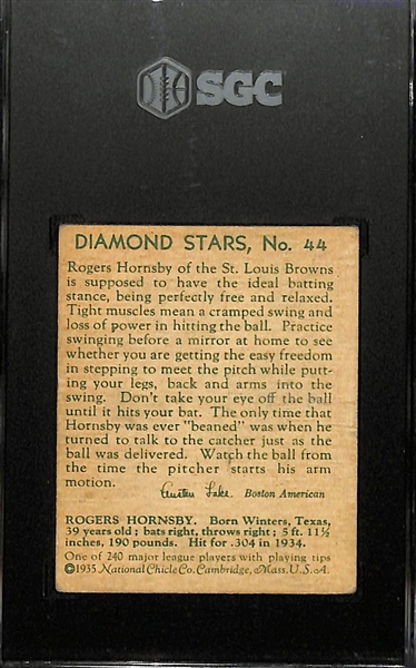 1934-36 Diamond Stars #44 Rogers Hornsby (HOF) Graded SGC 3