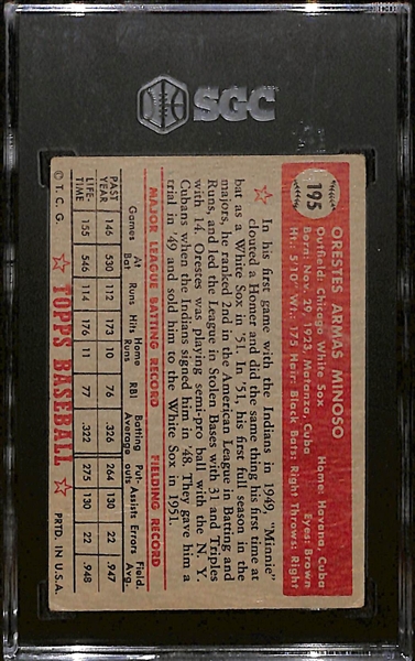 1952 Topps Orestes Minnie Minoso Rookie Card #195 Graded SGC 2