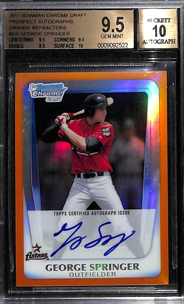 2011 Bowman Chrome Draft George Springer Autograph Rookie Card Orange Refractor Graded BGS 9.5 (#/25)