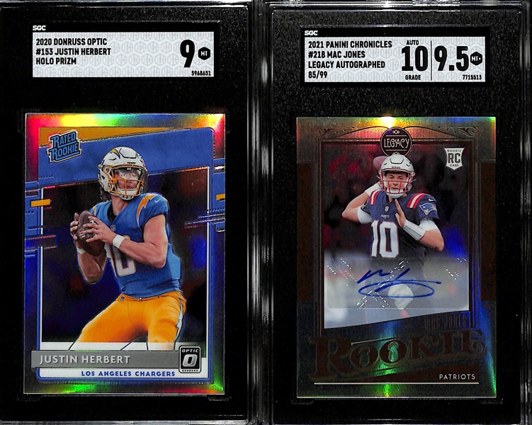 Lot of (2) SGC Graded Quarterback Rookie Cards - 2020 Donruss Optic Justin Herbert Holo (SGC 9), 2021 Chronicles Legacy Mac Jones Autograph (SGC 9.5) (#/99)