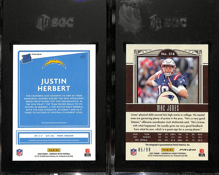 Lot of (2) SGC Graded Quarterback Rookie Cards - 2020 Donruss Optic Justin Herbert Holo (SGC 9), 2021 Chronicles Legacy Mac Jones Autograph (SGC 9.5) (#/99)