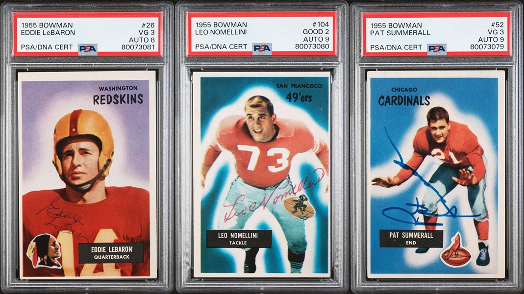 3 Signed 1955 Bowman Football Cards - Pat Summerall Rookie (PSA 3, Auto 9), Nomellini (PSA 2, Auto 9),  LeBaron (PSA 4, Auto 8)