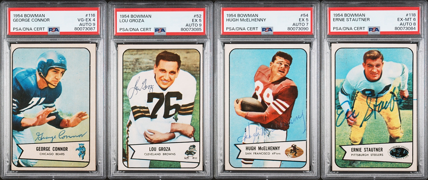 4 Signed 1954 Bowman Football Cards - McElhenny (PSA 5, Auto 7), Stautner (PSA 6, Auto 8), Groza (PSA 5, Auto 9),  Connor (PSA 4, Auto 8)