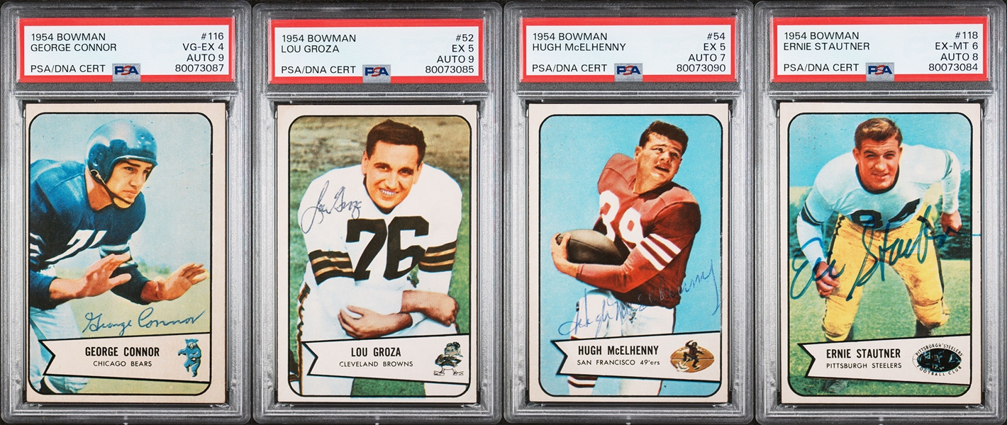 4 Signed 1954 Bowman Football Cards - McElhenny (PSA 5, Auto 7), Stautner (PSA 6, Auto 8), Groza (PSA 5, Auto 9),  Connor (PSA 4, Auto 8)