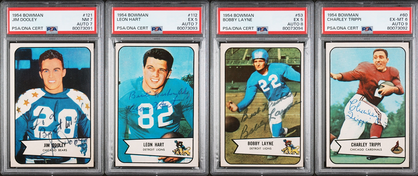 4 Signed 1954 Bowman Football Cards - Layne (PSA 5, Auto 8), Trippi (PSA 6, Auto 9), Dooley (PSA 7, Auto 7),  Hart (PSA 5, Auto 7)