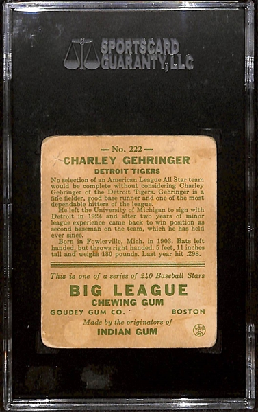 Autographed 933 Goudey Charley Gehringer Card #222 (HOF) - SGC Authenticated/Slabbed