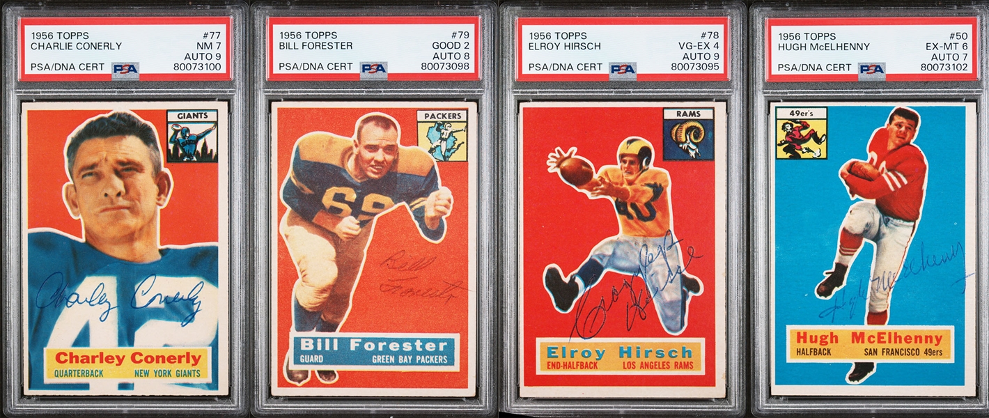 4 Signed 1956 Topps Football Cards - Conerly (PSA 7, Auto 9), Hirsch (PSA 4, Auto 9), Forester (PSA 2, Auto 8),  McElhenny (PSA 6, Auto 7)