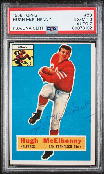 4 Signed 1956 Topps Football Cards - Conerly (PSA 7, Auto 9), Hirsch (PSA 4, Auto 9), Forester (PSA 2, Auto 8),  McElhenny (PSA 6, Auto 7)