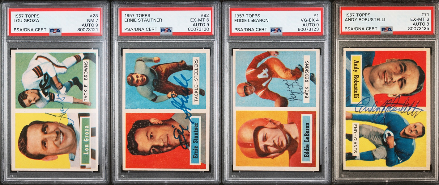 4 Signed 1957 Topps Football Cards - LeBaron #1 (PSA 4, Auto 9), Robustelli (PSA 6, Auto 8), Stautner (PSA 6, Auto 9),  Groza (PSA 7, Auto 9)