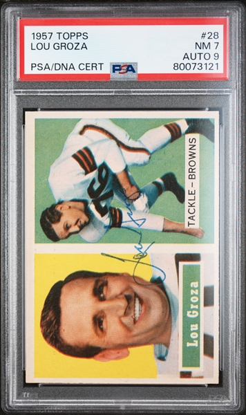 4 Signed 1957 Topps Football Cards - LeBaron #1 (PSA 4, Auto 9), Robustelli (PSA 6, Auto 8), Stautner (PSA 6, Auto 9),  Groza (PSA 7, Auto 9)